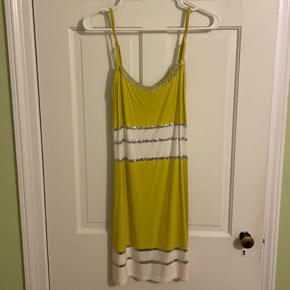 INC - Yellow/green and white striped mini dress.
